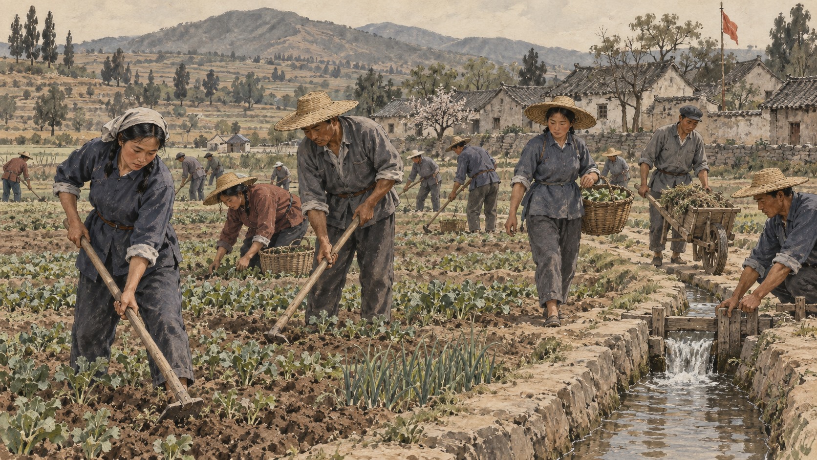 Ilustración de trabajo agrícola e irrigación en la China rural durante el gobierno de Mao Zedong.