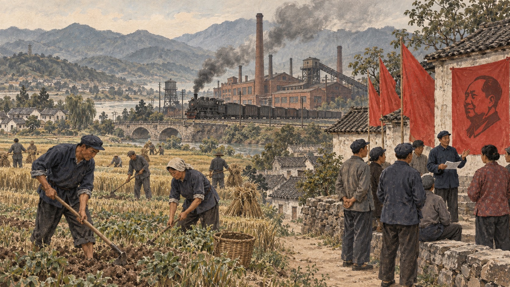 Ilustración de las consecuencias del gobierno de Mao Zedong: agricultura, industrialización y movilización política en China.