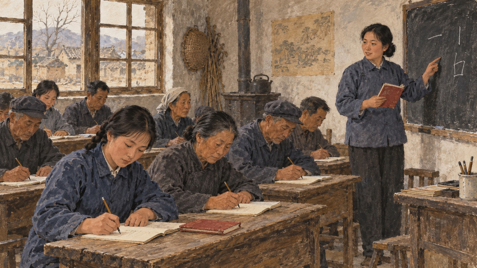 Ilustración de una clase de alfabetización de adultos en China durante el gobierno de Mao Zedong.