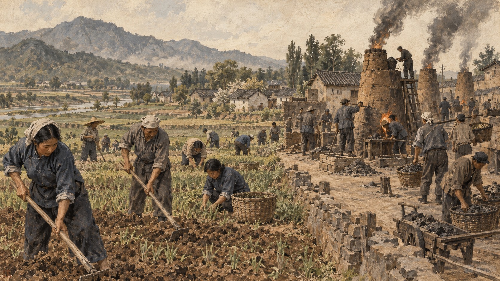 Ilustración del trabajo agrícola colectivo y la fundición rural durante el Gran Salto Adelante.