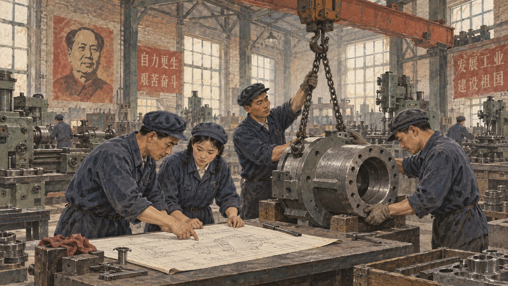 Ilustración de trabajadores en una fábrica durante la industrialización de China bajo Mao Zedong.