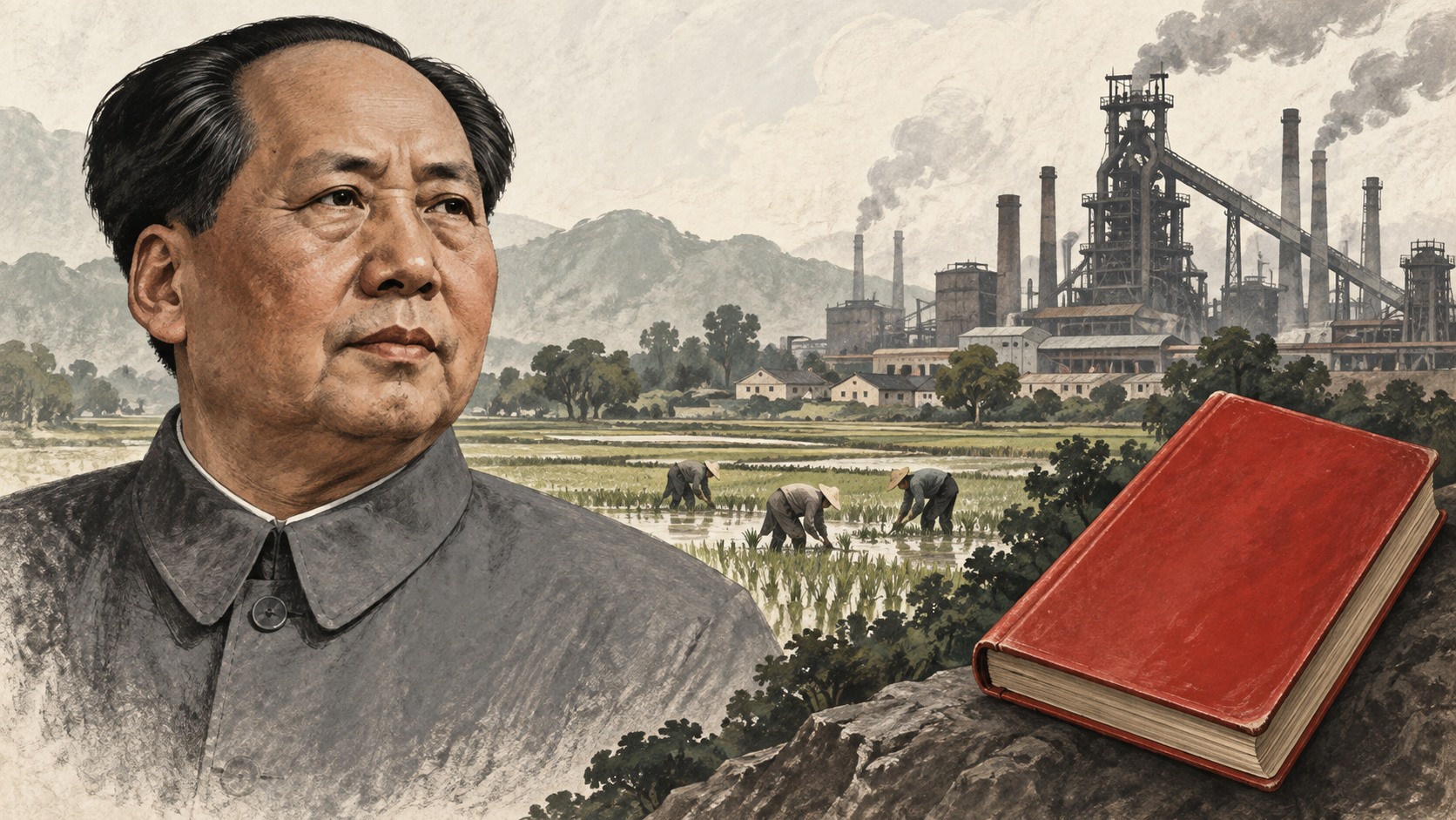 Ilustración de Mao Zedong junto a campos de cultivo, una industria siderúrgica y el Libro Rojo.