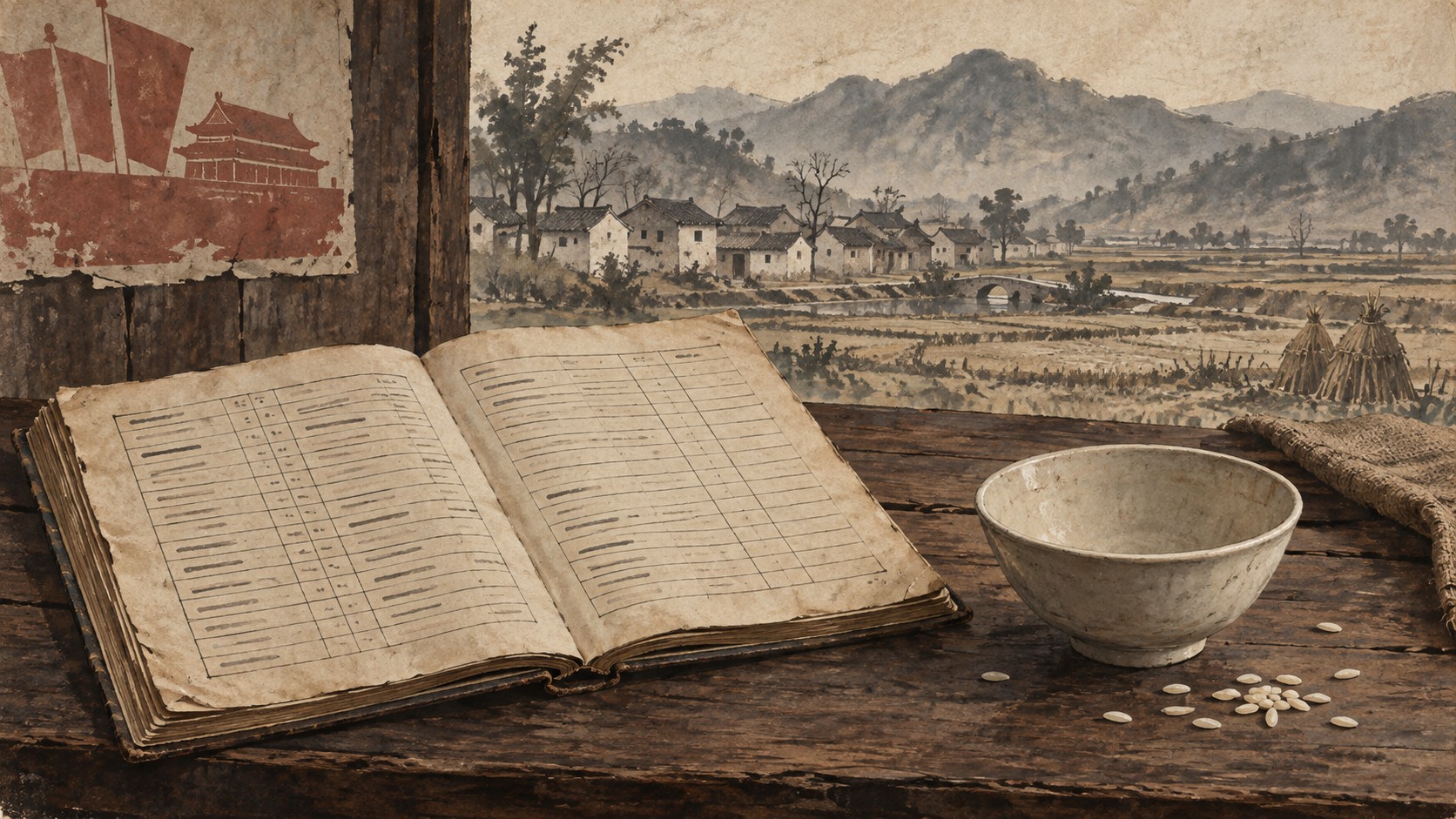 Ilustración simbólica de un registro demográfico y un cuenco vacío ante un paisaje rural chino.