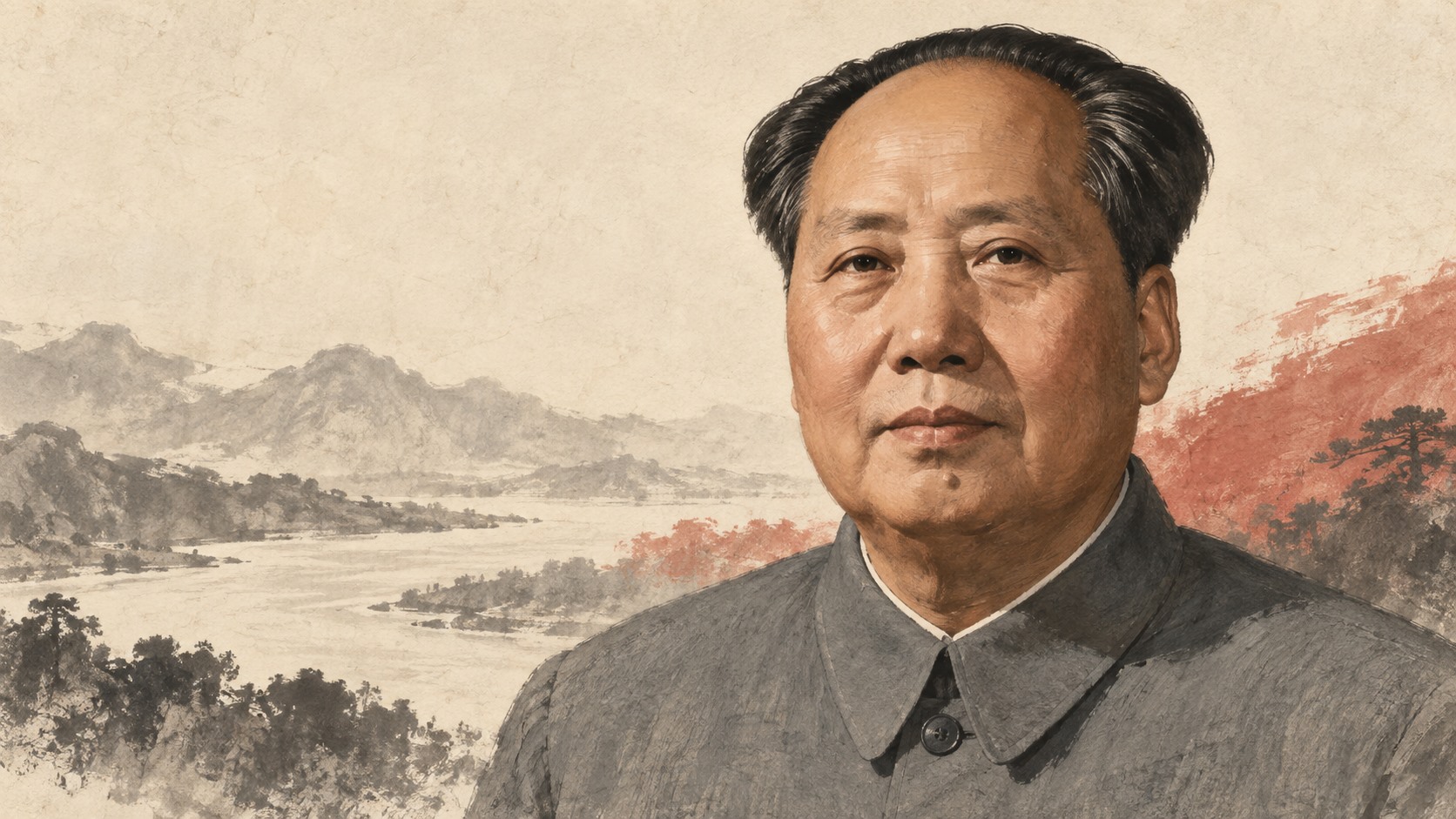 Retrato ilustrado de Mao Zedong con traje gris sobre un paisaje chino.