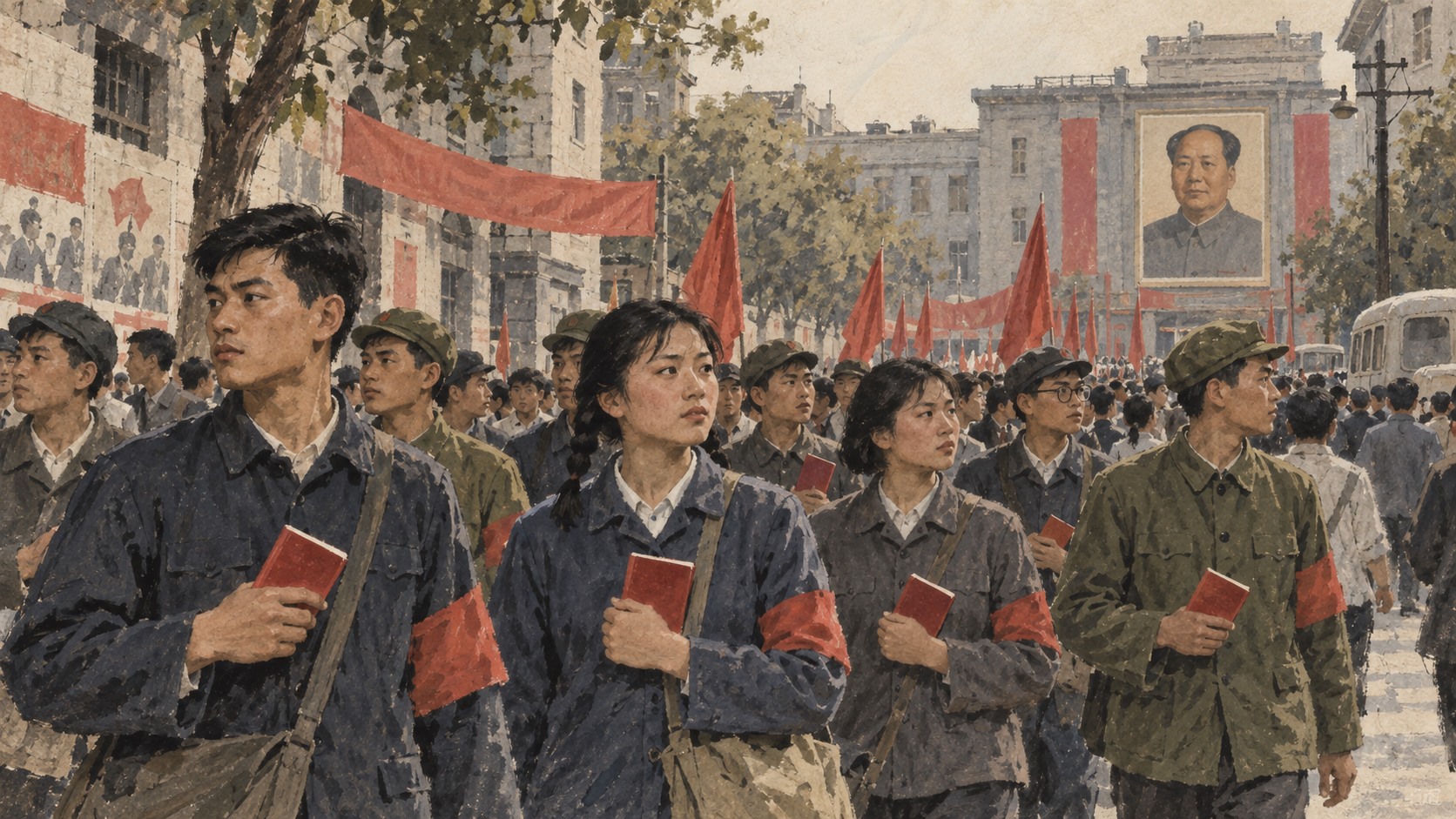 Ilustración de una manifestación política con jóvenes y propaganda maoísta durante la Revolución Cultural en China.